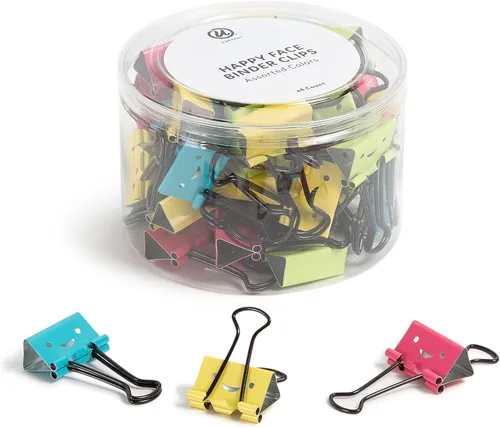 U Brands Clips para carpeta de cara feliz, colores brillantes con puntas negras, suministros de organización de oficina, 1.260 in, 48 unidades