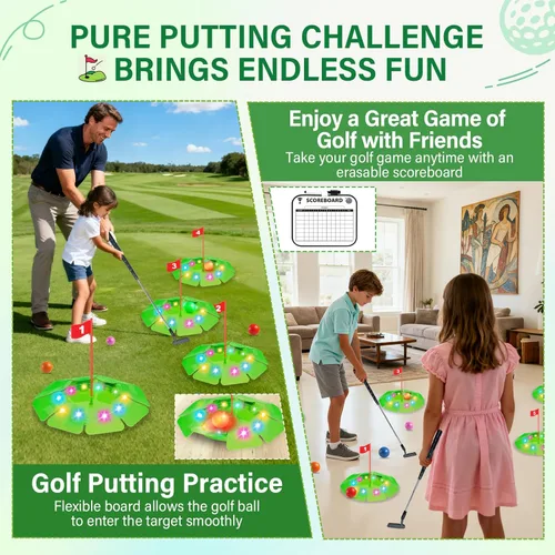 Miniatura 3 de TERRAMUS Juego de golf iluminado - Juego de golf para niños actualizado con 6 objetivos LED, 2 palos, 6 pelotas (2 brillan), juguetes de golf Green
