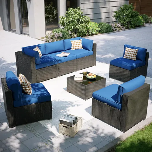 Miniatura 26 de Aoxun Juego de muebles de patio, 7 piezas de sofás seccionales para exteriores con funda impermeable, mimbre de ratán para exteriores, juego