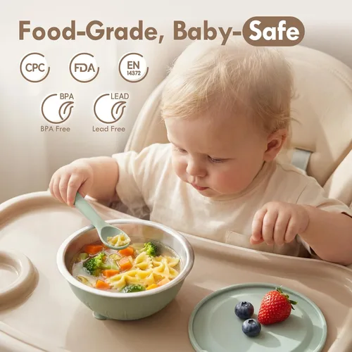 Miniatura 4 de Moonkie Cuencos para bebés con succión, cuencos de acero inoxidable y silicona para niños pequeños con tapas, diseño de una sola pieza sin costuras