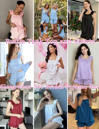 Miniatura 6 de Ekouaer Conjunto de pijama para mujer, conjunto de 2 piezas con volantes, camiseta sin mangas suave y pantalones cortos, conjunto de pijama de novia