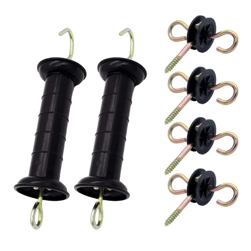 Mango de puerta de resorte de valla eléctrica de plástico con aisladores y juego de anclaje, negro (2BlackMB+084)