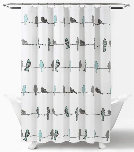 Lush Decor Cortina de Ducha Rowley Birds, 72" An x 72" L, Azul y Gris - Patrón Floral Colorido de Pájaros - Cortina de Ducha de Pájaros Caprichosa y