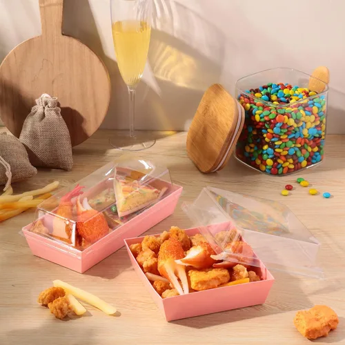 Miniatura 5 de Gejoy 100 cajas de charcutería rosa de 2 tamaños con tapas transparentes, cajas de postre de papel desechables, recipientes de postre de alimentos