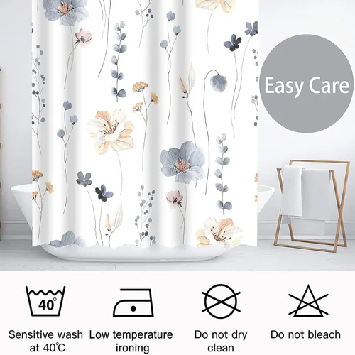 Miniatura 5 de Juego de cortinas de ducha – Cortina de baño floral con flores azules y beige, cortina de ducha para baño, juego de cortina de ducha de tela