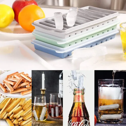Miniatura 6 de LessMo 3 bandejas para cubitos de hielo, bandeja larga para palitos de hielo de silicona con tapa, palo estrecho rectangular, reutilizable