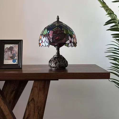Miniatura 7 de Tiffany - Lámpara de mesa con diseño de flores, color rojo, naranja y azul, incluye base de libélula para sala de estar, dormitorio, mesita