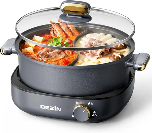 Dezin Olla Caliente Eléctrica con Divisor, Shabu Shabu Eléctrico de 4L con Olla de Doble Sabor, 3.7" de Profundidad Antiadherente de Doble Lado con