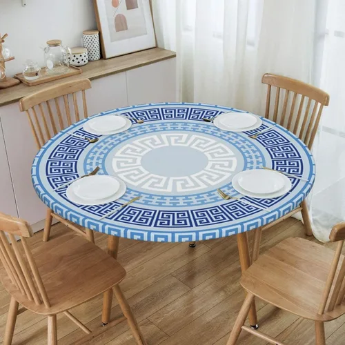 Miniatura 9 de Mantel redondo geométrico azul y blanco con bordes elásticos para mesas de hasta 45 a 50 pulgadas de diámetro