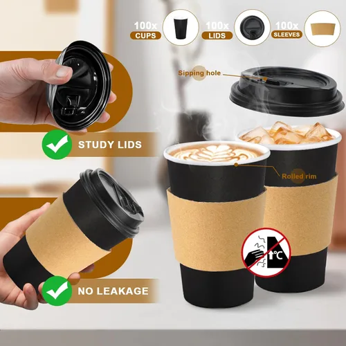 Miniatura 2 de Lamosi Paquete de 100 unidades de tazas de café desechables de 16 onzas con tapas y fundas, negras, a prueba de fugas, para llevar, tazas de café