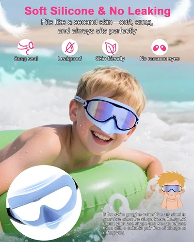 Miniatura 2 de Keary - Paquete de 2 gafas de natación para niños con cubierta nasal, anti-UV, antiempañamiento, para piscina y agua, para niños de 3 a 12 años