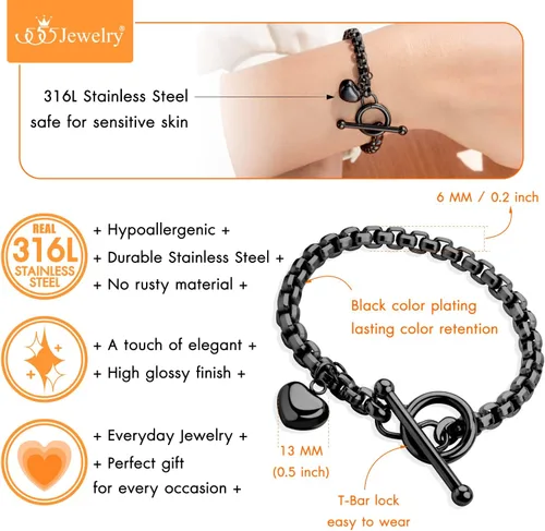 Miniatura 6 de 555Jewelry Pulsera de acero inoxidable con cadena de eslabones y corazón para mujeres y niñas