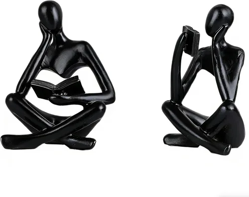 SHENGTIAN Juego de 2 figuras de lectura abstractas negras, esculturas de pensador de resina, adorno estético moderno, figura minimalista para sala