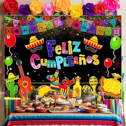 Miniatura 4 de Telón de fondo de fiesta mexicana para fiesta de cumpleaños, decoración colorida de Cinco de Mayo, Taco, carnaval, fotografía, fondo de fiesta