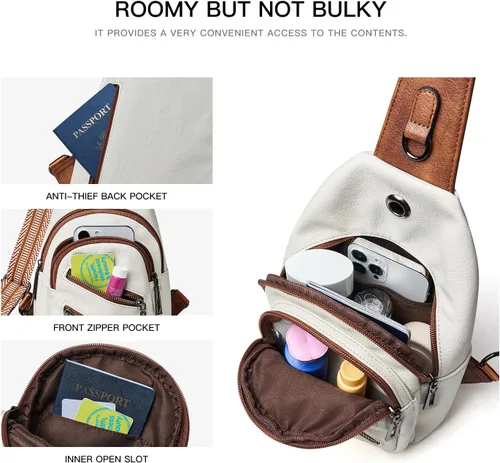 Miniatura 3 de LATMAP Bolso bandolera para mujer, mochila pequeña de cuero, mini bolsa cruzada en el pecho, mochila casual, riñonera impermeable antirrobo, beige