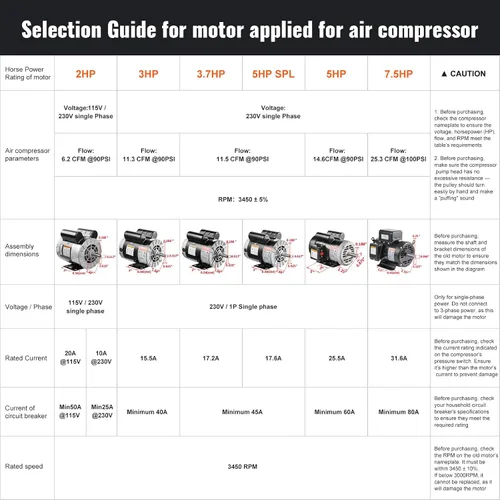 Miniatura 7 de VEVOR Motor eléctrico de compresor de aire SPL 5HP, 230 V 17.6 amperios, marco 56 3450 RPM, eje con llave de 5/8 pulgadas, longitud del eje de 1.88