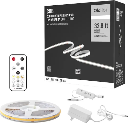 Miniatura 10 de Tira de luz LED COB de 32.8 pies con control remoto, 4000K Ra93+ regulable brillante luz LED COB tira de luz blanca continua para espejo, escalera