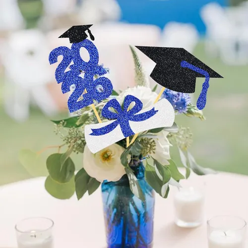 Miniatura 4 de Centro de mesa de graduación Decoración de mesa de centro de fiesta, palillos con purpurina, tapa de graduación para clase, fotomatón, favores, azul