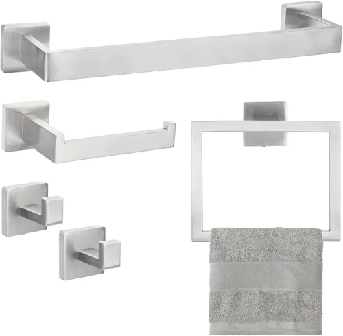 Miniatura 7 de uxcell Juego de 5 piezas de accesorios de baño, juego de barra de toalla de acero inoxidable de 15.7 pulgadas, soporte para papel higiénico, 2 Negro
