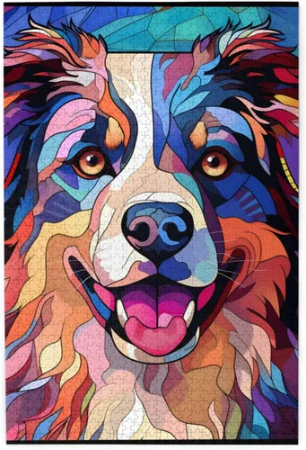 Rompecabezas de Madera de Vidrio Colorido Manchado de Amantes de Perros Pastor Australiano de 1000 Piezas de Pintura Artística para Niños Adultos,