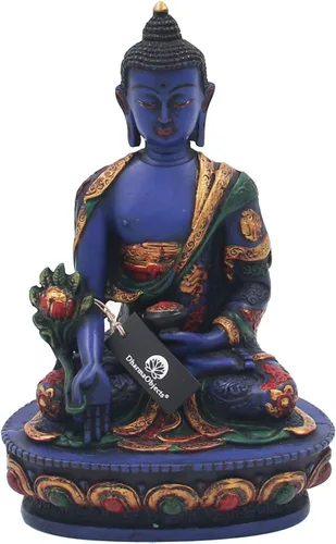 DharmaObjects® Estatua de Buda de medicina curativa tibetana pintada a mano Nepal (7.5, Multi)