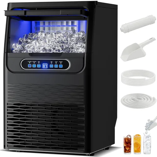 Máquina de hielo comercial de 110 libras/día independiente de acero inoxidable sobre mostrador con cuchara, tubos de filtro de agua para