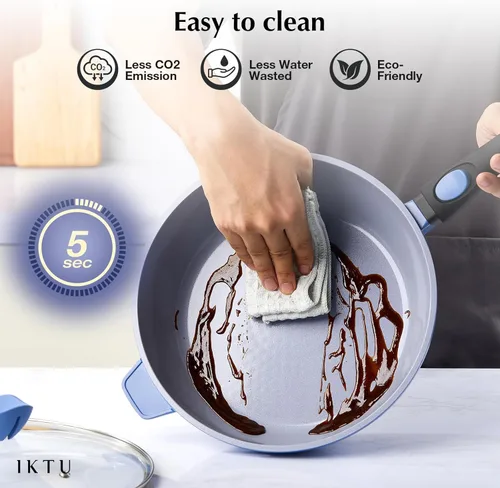 Miniatura 6 de IKTU Sartén profunda antiadherente de cerámica, sartén antiadherente de 11 pulgadas con mango auxiliar y tapa, sartén grande de inducción con mango