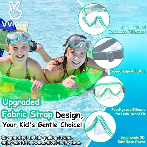 Miniatura 2 de Vvinca Kids-Goggles with Nose Cover, Diving Mask Elastic Fabric Strap Anti Fog Anti Shattered Lens for Kids Swim Goggles 3-14 02-verde y azul marino