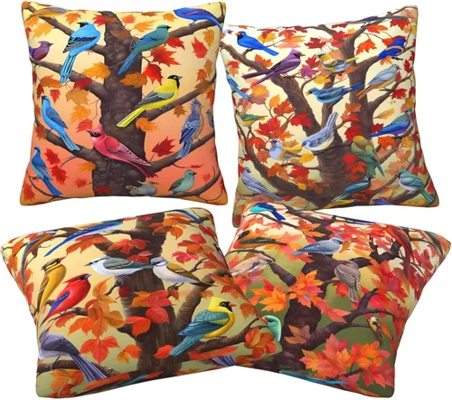 Miniatura 5 de Ouqiuwa Juego de 4 fundas de almohada coloridas con diseño de pájaros de 12 x 12 pulgadas, cuadradas, decorativas, con hojas de arce otoñales