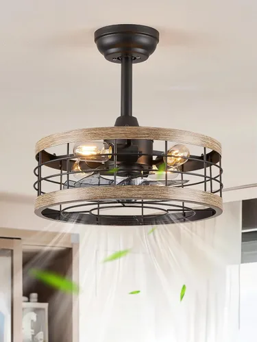 Miniatura 25 de LEDIARY - Ventilador de techo 16.5 pulgadas con jaula y luz, diseño industrial, estilo granja, para cocina, dormitorio, exterior, control remoto, 6