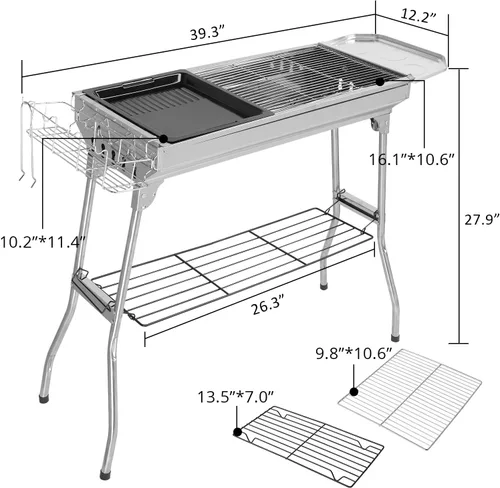 Miniatura 3 de Outvita Parrilla de carbón portátil, 39 x 12 x 28 pulgadas, parrilla plegable de acero inoxidable y ahumador para cocinar al aire libre, camping