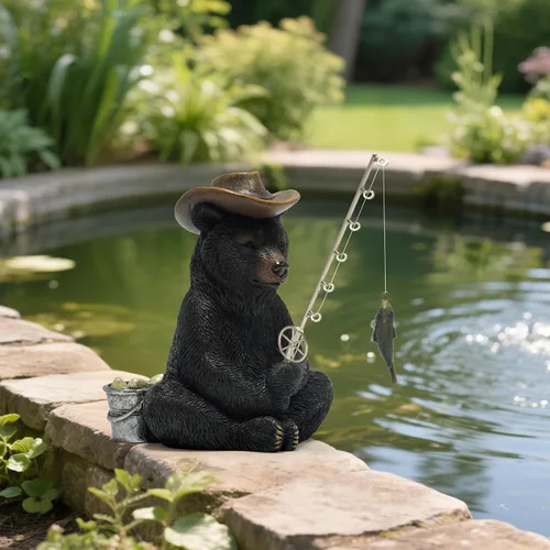 Miniatura 7 de Hodao Figuras de pesca de oso negro, decoración de oso de verano, manualidades para decoración de escritorio de oficina en casa, estatua