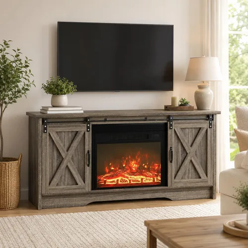 Miniatura 8 de 4 EVER WINNER - Centro de entretenimiento con chimenea para TV de 65 pulgadas, puerta corrediza de granero, soporte de TV de estilo rústico con Gris
