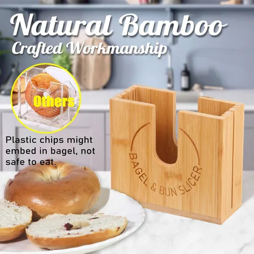 Miniatura 5 de Soporte de corte de bagel ajustable Soporte de corte de bagel de bambú con ranuras ajustables de ancho para bagels pequeños y grandes, bollos