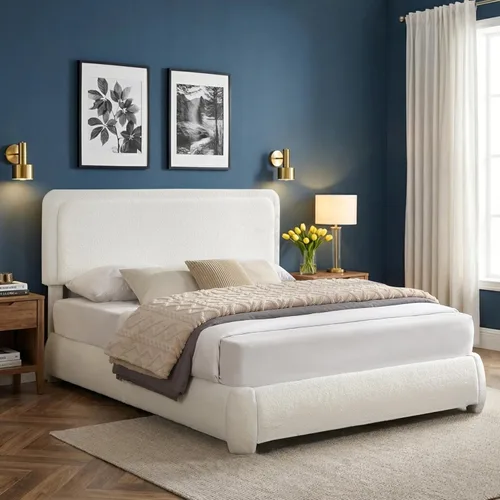 Miniatura 8 de Flolinda Base de cama tapizada de tamaño Queen con cabecera ajustable, plataforma moderna con listones de madera de tela Boucle, perfil bajo,