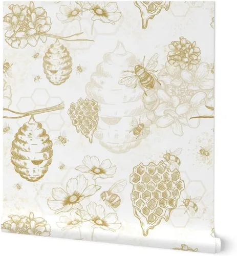 Muestra de papel tapiz extraíble – Colmena de abeja Toile flores amarillas grandes mostaza oro abeja miel papel pintado personalizado pre-pegado por