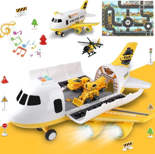 Dwi Dowellin Juego de juguetes de construcción de avión/alfombra de juego, excavadora, bulldozer, mezclador, camión volquete, montacargas, grúa,