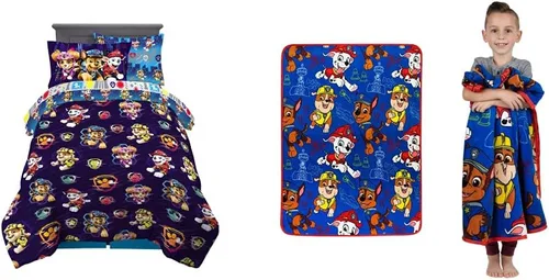 Franco Juego de edredón y sábanas súper suaves para niños, 5 piezas, tamaño individual, película de Paw Patrol y ropa de cama para niños, manta de