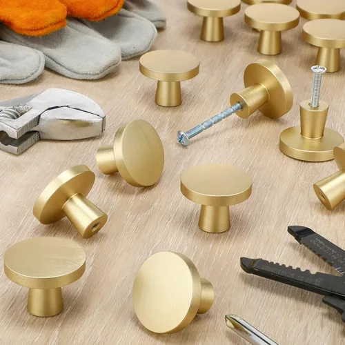 Miniatura 6 de Hotop Paquete de 15 pomos sólidos redondos para gabinete de cocina, manijas de tocador, herrajes dorados para armario, pomos de latón cepillado
