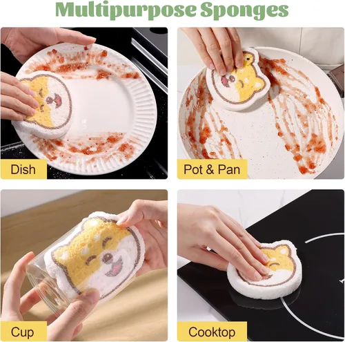 Miniatura 4 de JOYMOOP Esponja de cocina de dibujos animados, esponjas de celulosa para limpieza, esponjas antiarañazos para lavar platos, esponja reutilizable