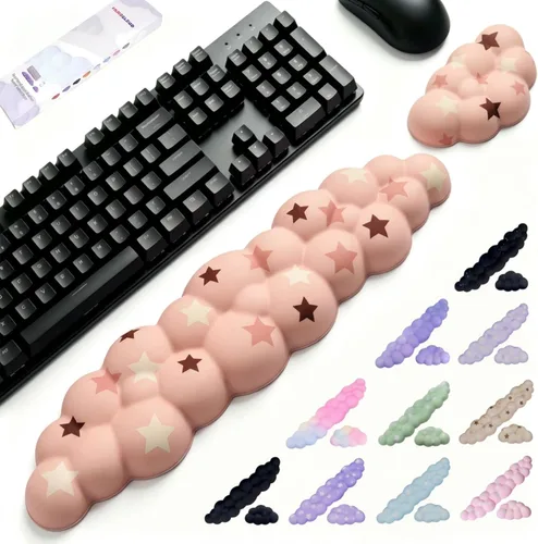 Miniatura 13 de Set de reposamuñecas Cloud para teclado y mouse, incluye bonito portavasos, para computadoras y laptops (Set Estrella Púrpura)