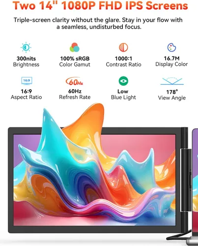 Miniatura 3 de HotYeah Extensor de pantalla para laptop, conexión de un cable (Windows y Mac), monitor portátil dual 1080P de 14 pulgadas, USB-C HDMI, pantalla