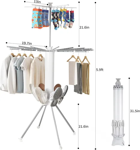 Miniatura 3 de Estante de secado de ropa plegable de 4 patas, soporte portátil para lavandería con 20 clips y soportes para zapatos, estante doble de metal