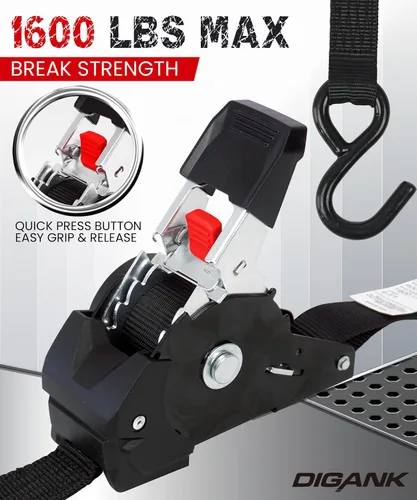Miniatura 2 de Correas de trinquete retráctiles de 1 pulgada x 6 pies, resistencia a la rotura de 1600 libras, paquete de 4 amarres autoretráctiles con ganchos