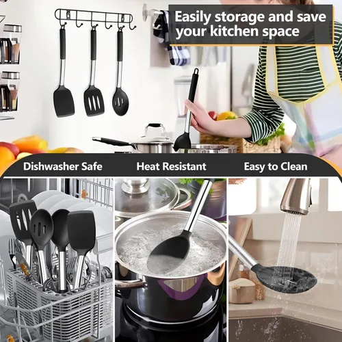 Miniatura 4 de P&P CHEF Juego de 4 utensilios de cocina negros de cocina, espátulas sólidas de silicona, cucharas ranuradas, giradores para utensilios de cocina