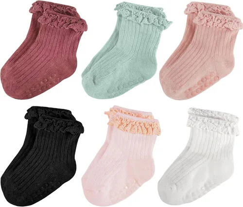Miniatura 12 de Calcetines de Volantes para Niña Bebé, Calcetines Antideslizantes de Agarre para Niñas, Calcetines de Tobillo Frilly de Algodón Lindos para Niñas