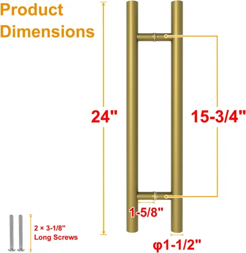 Miniatura 2 de Manijas Redondas de Puerta de Granero de Titanio Dorado 12"/24"/36"/48"/59", Manija Larga de Puerta Francesa de Empujar y Tirar de Doble Cara
