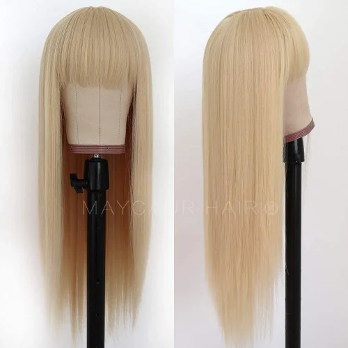 Miniatura 3 de Maycaur Pelucas de cabello sintético de color rubio con flequillo completo #613, color largo y liso, resistente al calor, pelucas sin encaje