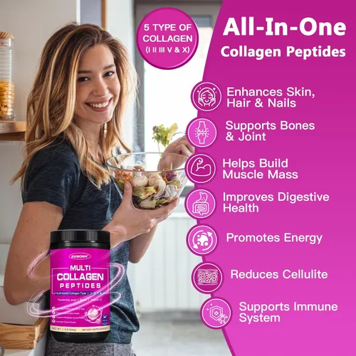 Miniatura 5 de ZEBORA Polvo de péptidos de colágeno 50 porciones, multicolágeno hidrolizado tipo I II III V X con ácido hialurónico, biotina, vitamina C – Apoya