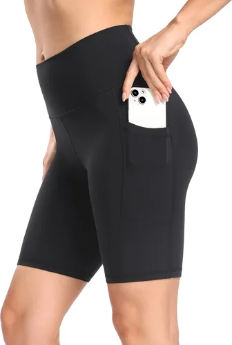 YUNOGA Pantalones cortos de ciclista para mujer de 68 pulgadas, pantalones cortos de yoga de cintura alta con bolsillos, pantalones cortos de